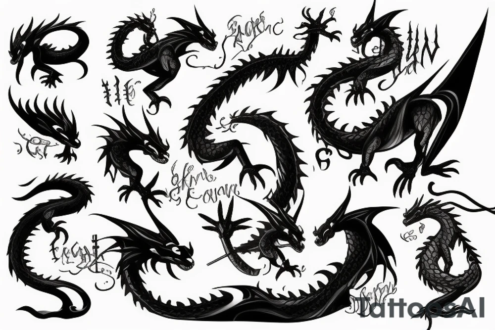 dragon with lighting and swords tattoo idea