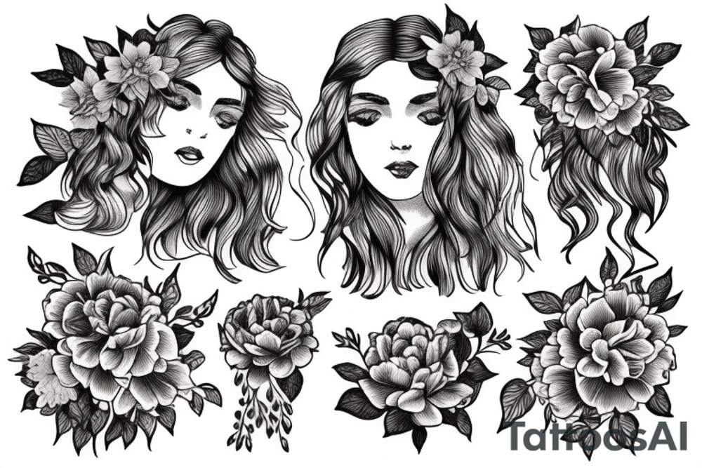 Beautiful long hair Greek goddess surrounded by peony flowers tattoo idea