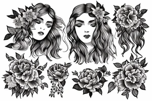 Beautiful long hair Greek goddess surrounded by peony flowers tattoo idea