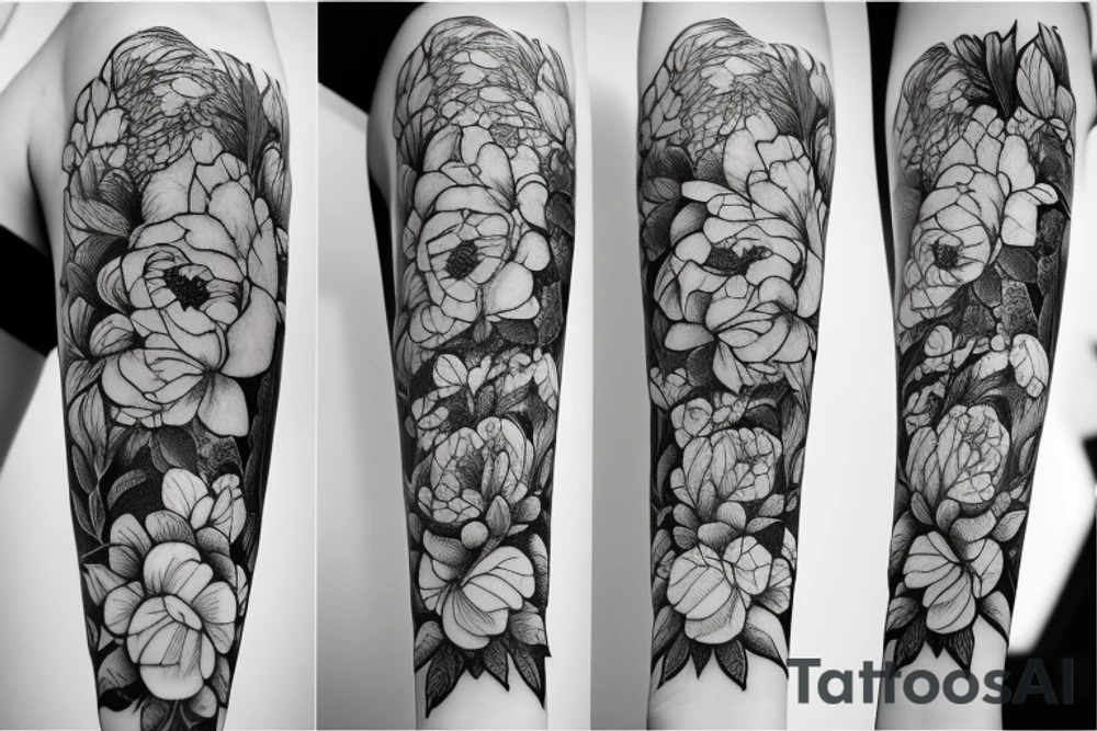 Beautiful long hair Greek goddess surrounded by peony flowers tattoo idea