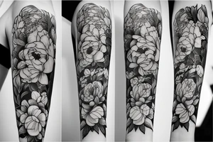 Beautiful long hair Greek goddess surrounded by peony flowers tattoo idea
