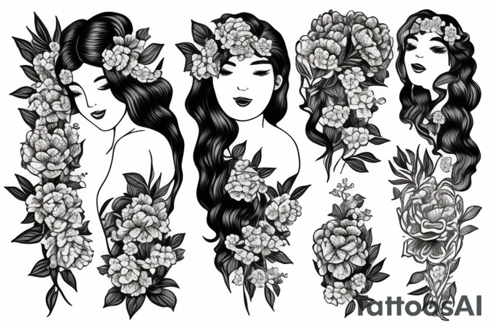 Beautiful long hair Greek goddess surrounded by peony flowers tattoo idea