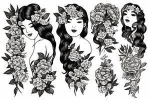 Beautiful long hair Greek goddess surrounded by peony flowers tattoo idea