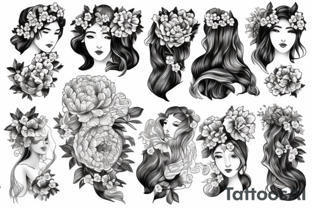 Beautiful long hair Greek goddess surrounded by peony flowers tattoo idea
