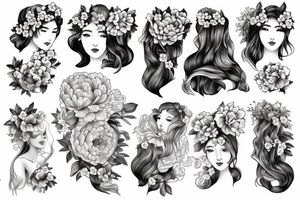 Beautiful long hair Greek goddess surrounded by peony flowers tattoo idea