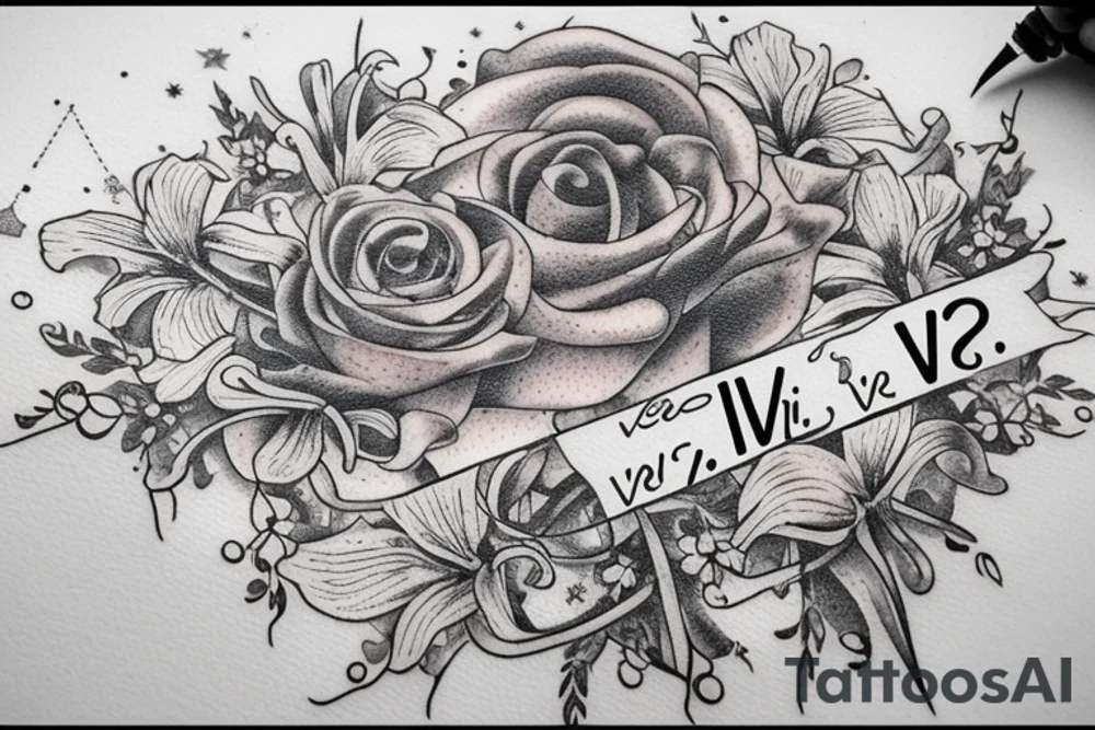 In typewriter font, quote "veni, vidi, vici" with galaxy art and star gazing lilies surrounding it tattoo idea