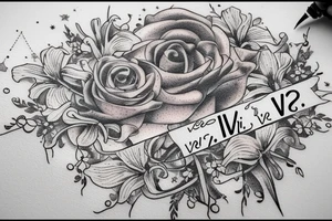 In typewriter font, quote "veni, vidi, vici" with galaxy art and star gazing lilies surrounding it tattoo idea
