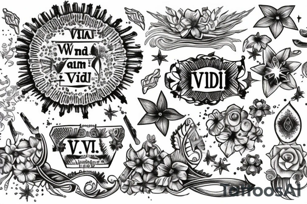 In typewriter font, quote "veni, vidi, vici" with galaxy art and star gazing lilies surrounding it tattoo idea