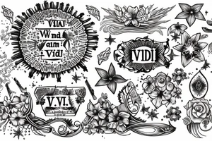 In typewriter font, quote "veni, vidi, vici" with galaxy art and star gazing lilies surrounding it tattoo idea