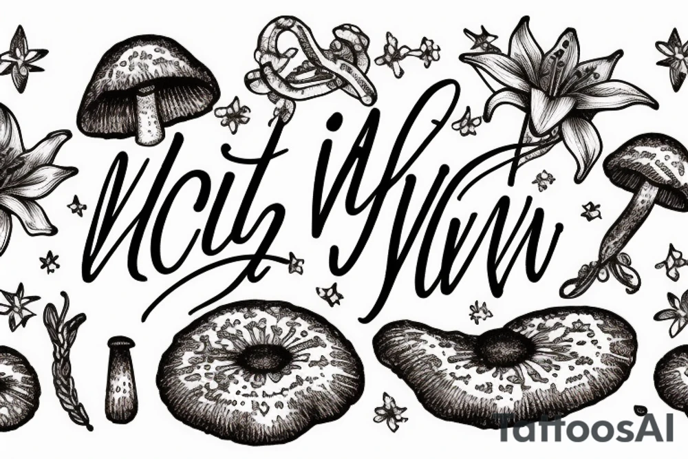 In typewriter font, quote "veni, vidi, vici" with galaxy art and star gazing lilies and mushrooms surrounding it tattoo idea