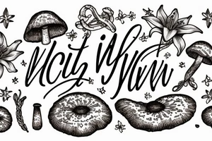 In typewriter font, quote "veni, vidi, vici" with galaxy art and star gazing lilies and mushrooms surrounding it tattoo idea