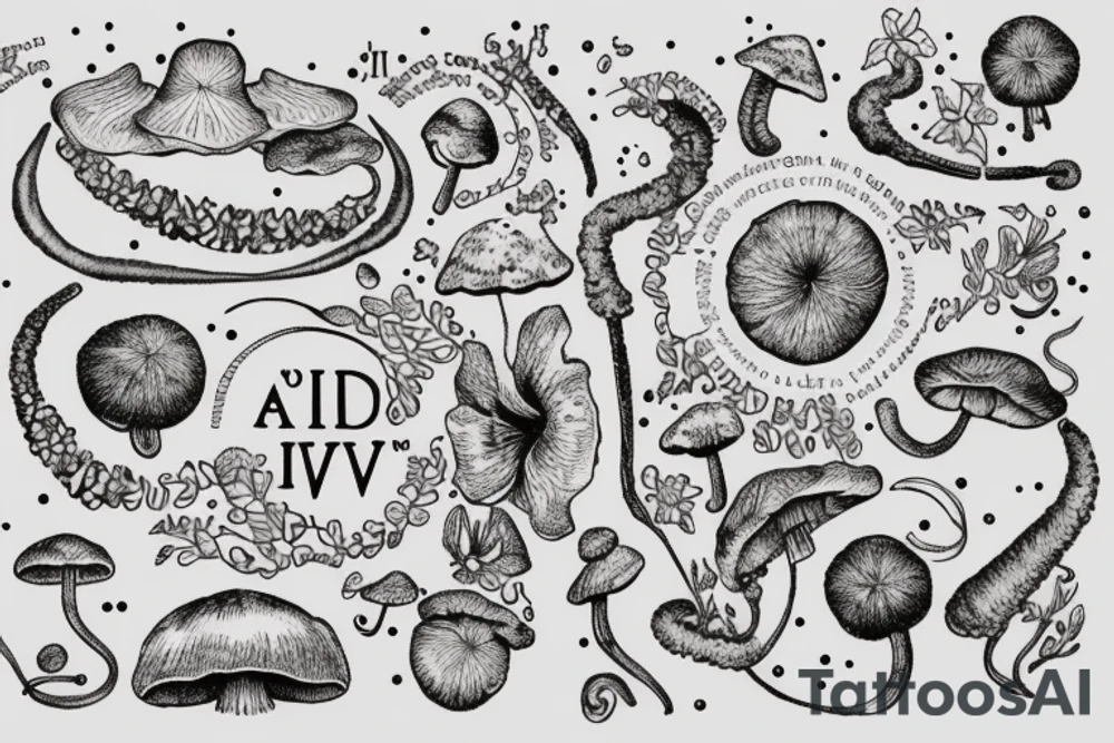 In typewriter font, quote "veni, vidi, vici" with galaxy art and star gazing lilies and mushrooms surrounding it tattoo idea