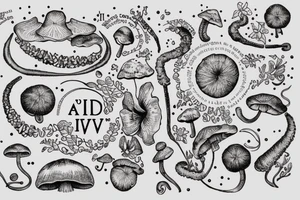 In typewriter font, quote "veni, vidi, vici" with galaxy art and star gazing lilies and mushrooms surrounding it tattoo idea