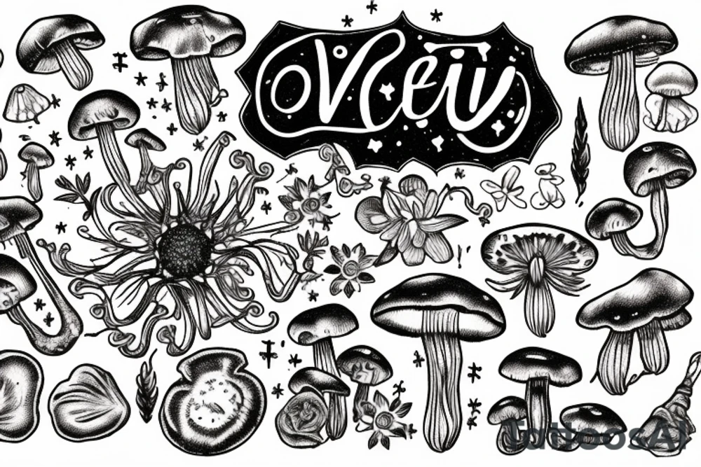 In typewriter font, quote "veni, vidi, vici" with galaxy art and star gazing lilies and mushrooms surrounding it tattoo idea