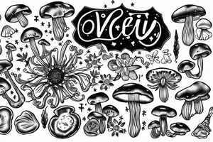In typewriter font, quote "veni, vidi, vici" with galaxy art and star gazing lilies and mushrooms surrounding it tattoo idea
