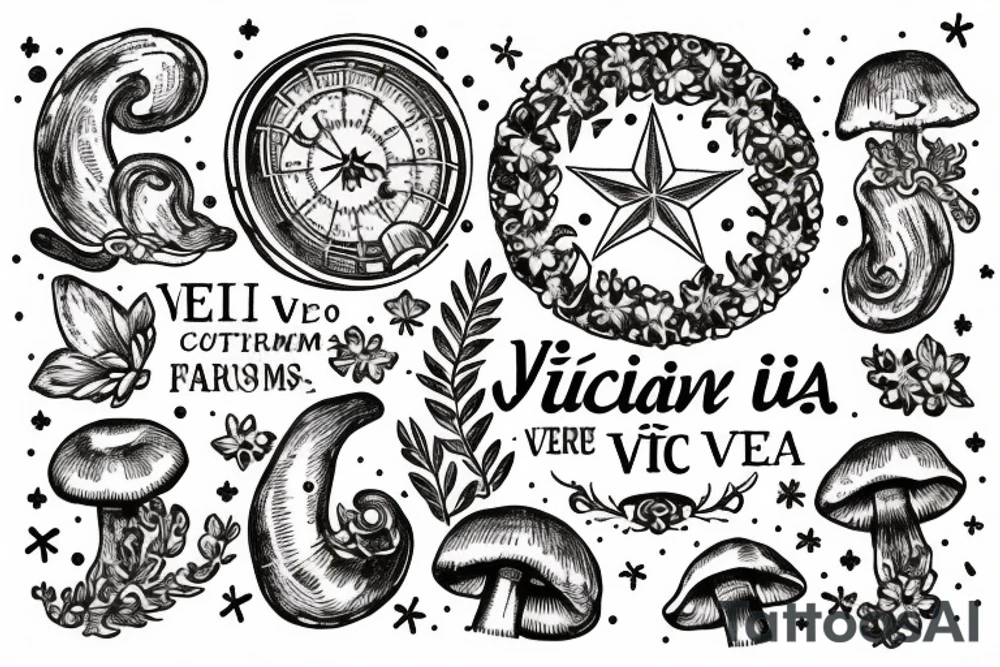 In typewriter font, quote "veni, vidi, vici" with galaxy art and star gazing lilies and mushrooms surrounding it tattoo idea