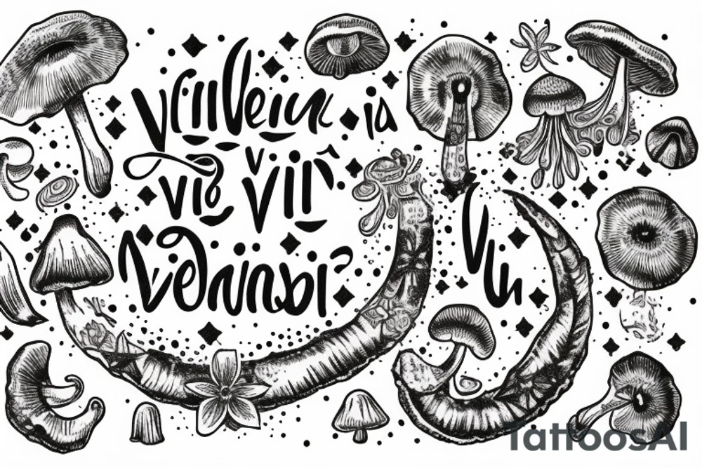 In typewriter font, quote "veni, vidi, vici" with galaxy art and star gazing lilies and mushrooms surrounding it tattoo idea