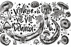 In typewriter font, quote "veni, vidi, vici" with galaxy art and star gazing lilies and mushrooms surrounding it tattoo idea