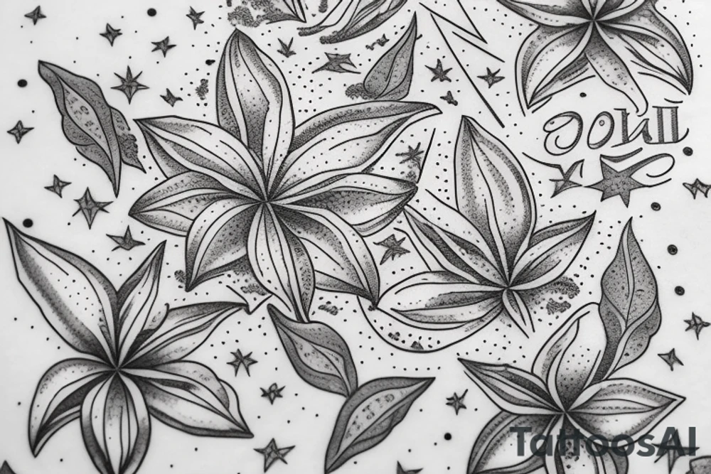 In typewriter font, quote "veni, vidi, vici" with star gazing lilies and  surrounding it tattoo idea