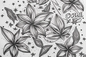 In typewriter font, quote "veni, vidi, vici" with star gazing lilies and  surrounding it tattoo idea