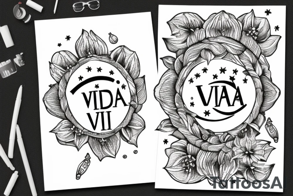 In typewriter font, quote "veni, vidi, vici" with star gazing lilies and  surrounding it tattoo idea