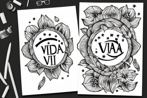 In typewriter font, quote "veni, vidi, vici" with star gazing lilies and  surrounding it tattoo idea