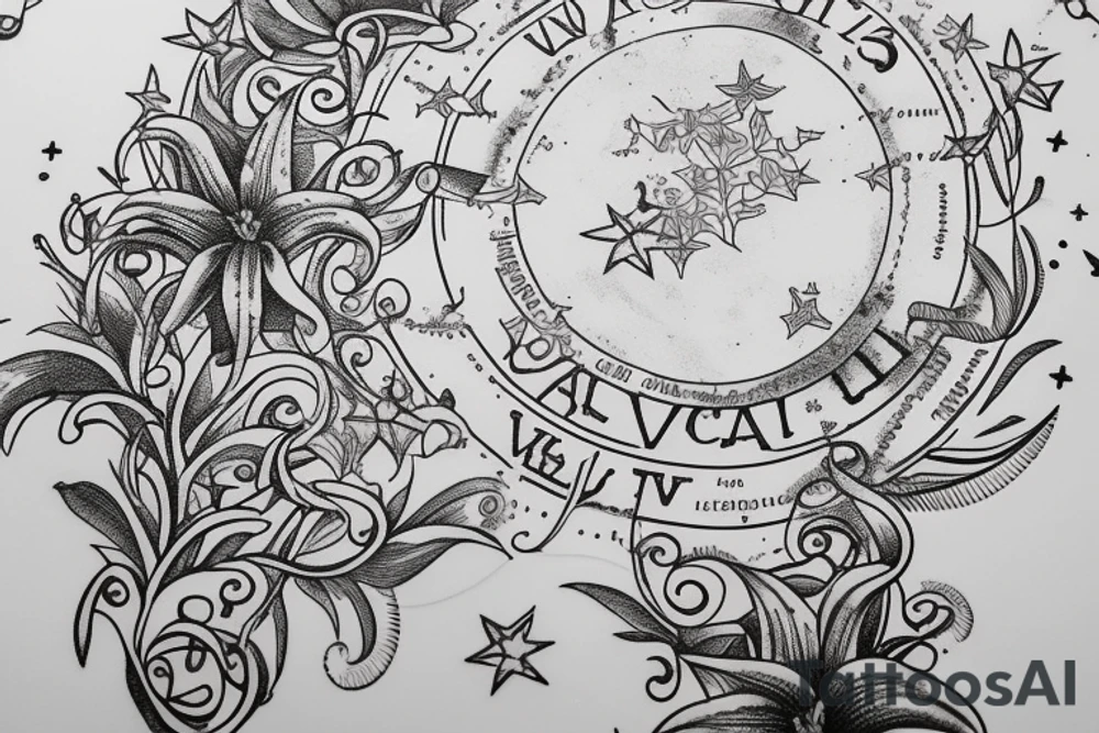 In typewriter font, quote "veni, vidi, vici" with star gazing lilies and  surrounding it tattoo idea