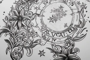 In typewriter font, quote "veni, vidi, vici" with star gazing lilies and  surrounding it tattoo idea