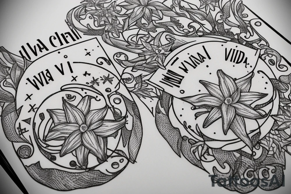 In typewriter font, quote "veni, vidi, vici" with star gazing lilies and  surrounding it tattoo idea