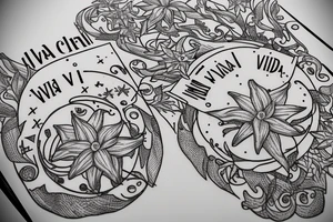 In typewriter font, quote "veni, vidi, vici" with star gazing lilies and  surrounding it tattoo idea