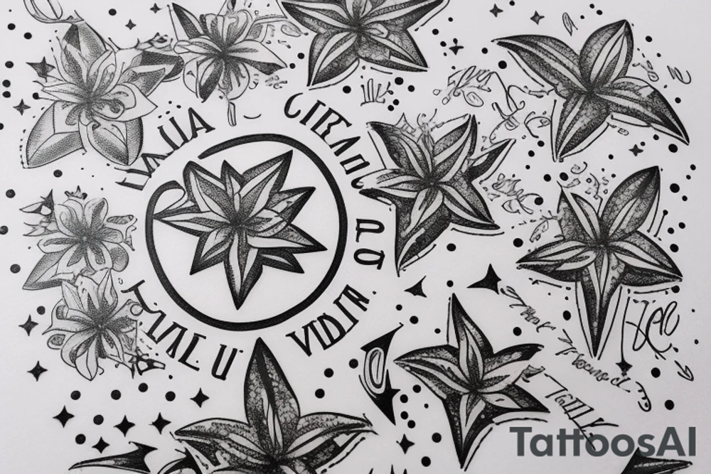 In typewriter font, quote "veni, vidi, vici" with star gazing lilies and  surrounding it tattoo idea