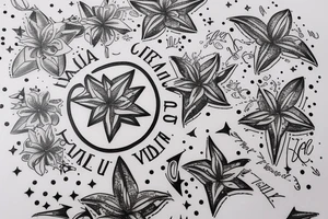 In typewriter font, quote "veni, vidi, vici" with star gazing lilies and  surrounding it tattoo idea
