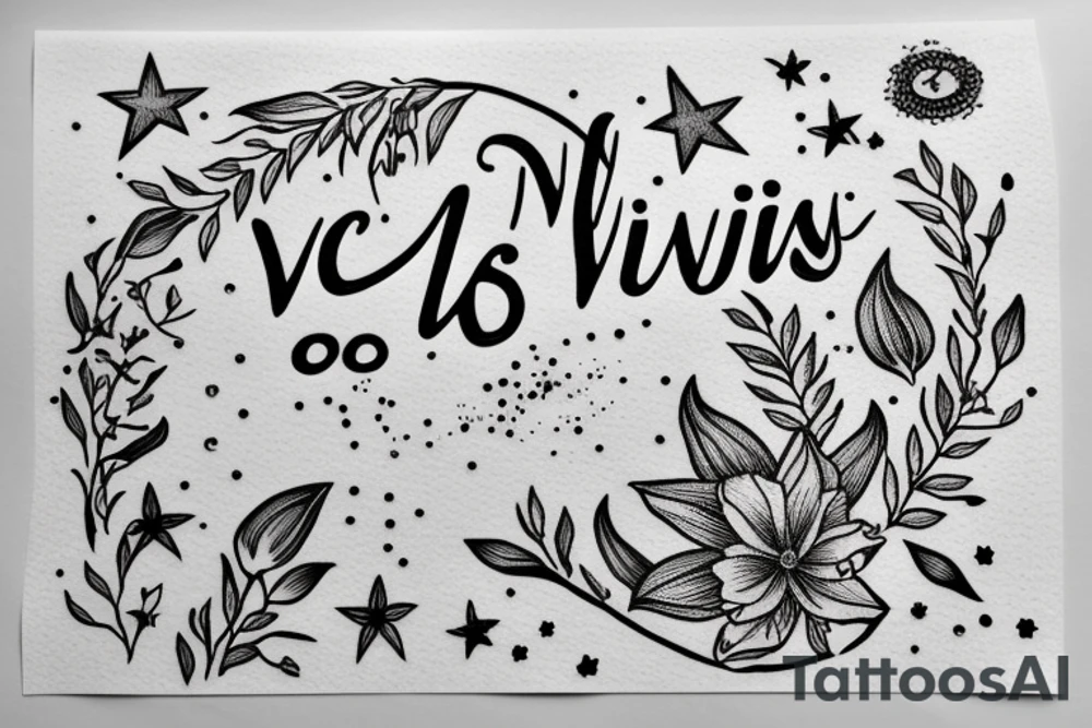 In typewriter font, quote "veni, vidi, vici" with star gazing lilies and  surrounding it tattoo idea