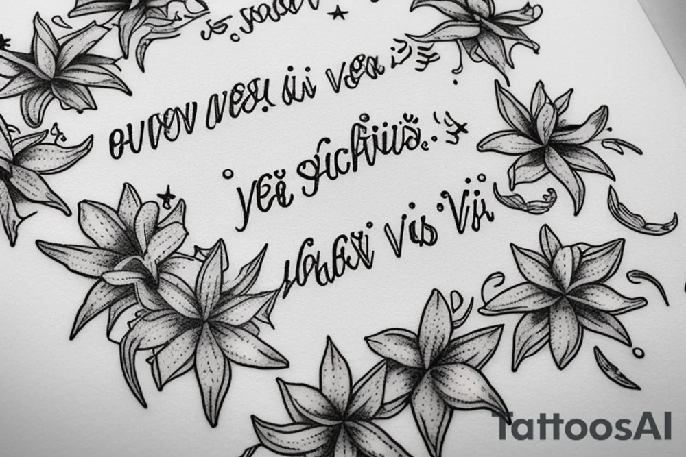 In typewriter font, quote "veni, vidi, vici" with star gazing lilies and  surrounding it tattoo idea