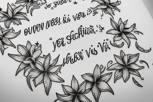 In typewriter font, quote "veni, vidi, vici" with star gazing lilies and  surrounding it tattoo idea