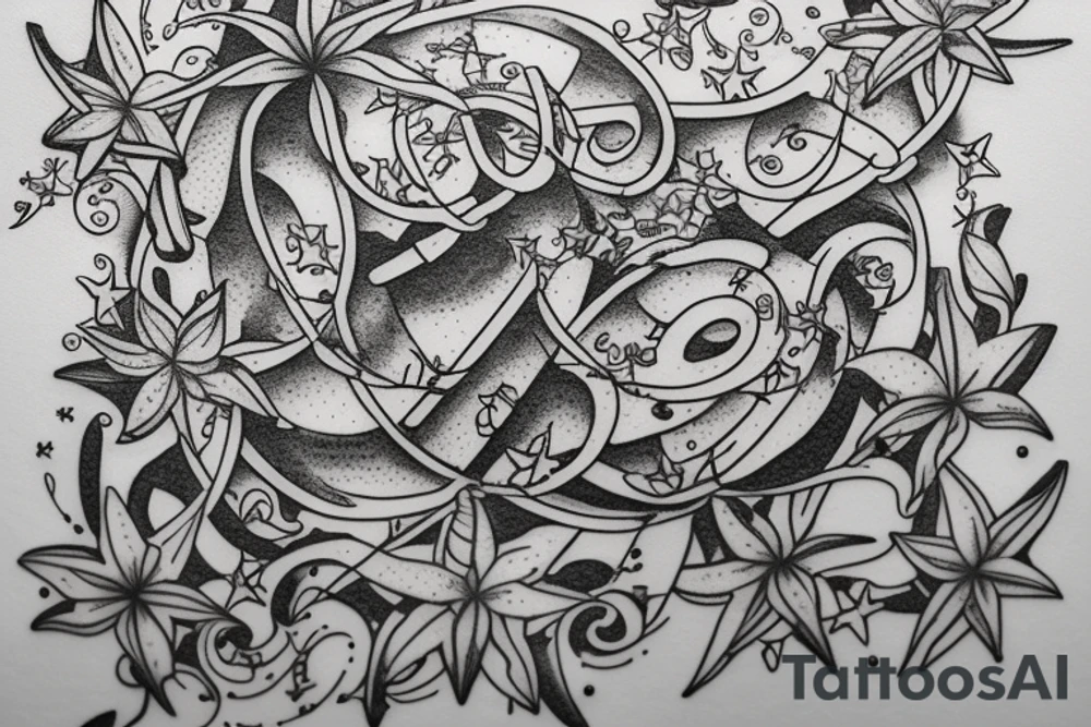 In typewriter font, quote "veni, vidi, vici" with star gazing lilies and  surrounding it tattoo idea