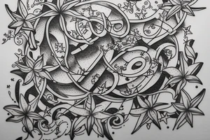 In typewriter font, quote "veni, vidi, vici" with star gazing lilies and  surrounding it tattoo idea
