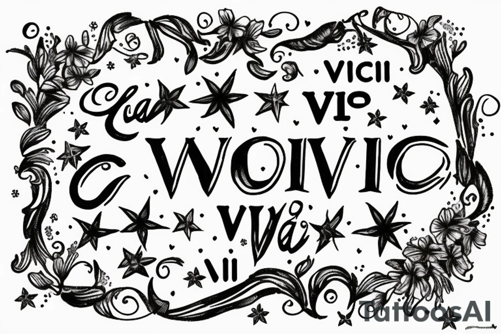 In typewriter font, quote "veni, vidi, vici" with star gazing lilies and  surrounding it tattoo idea