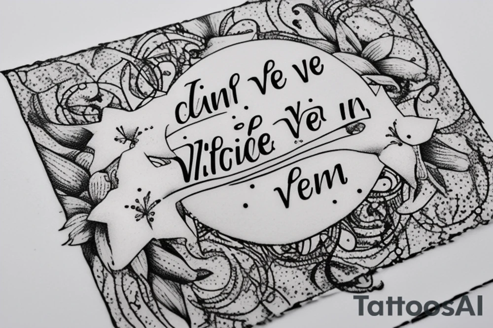 In typewriter font, quote "veni, vidi, vici" with star gazing lilies and  surrounding it tattoo idea
