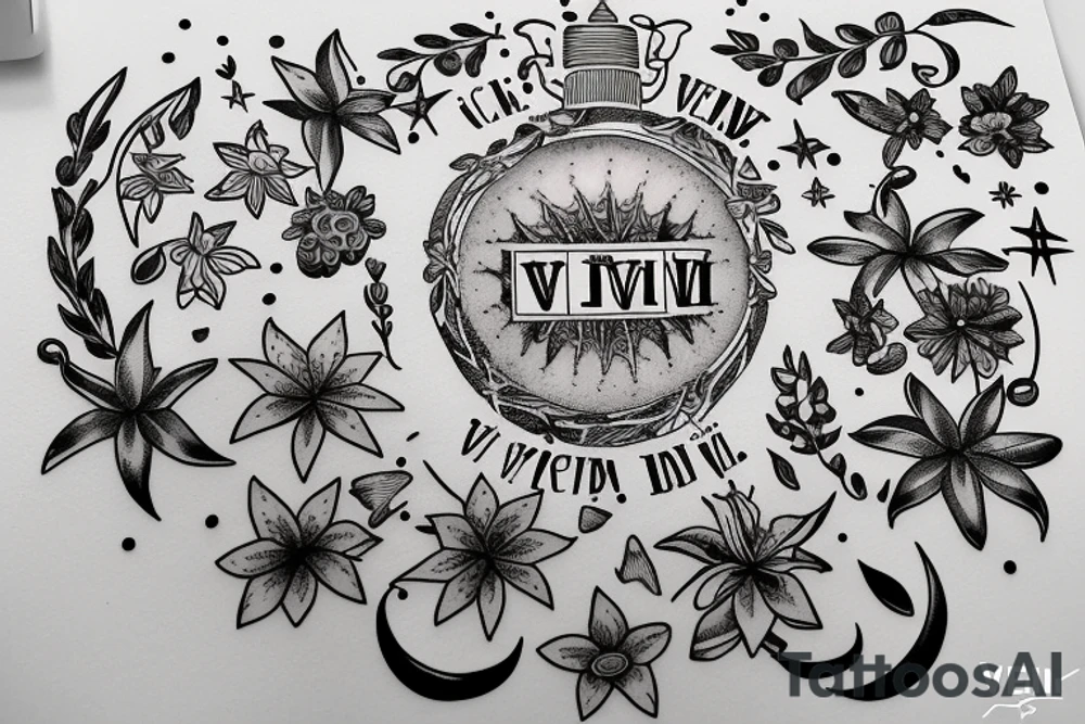 In typewriter font, quote "veni, vidi, vici" with star gazing lilies and  surrounding it tattoo idea