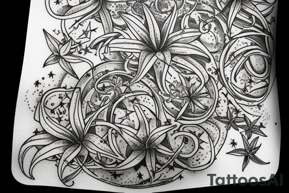 In typewriter font, quote "veni, vidi, vici" with star gazing lilies and  surrounding it tattoo idea