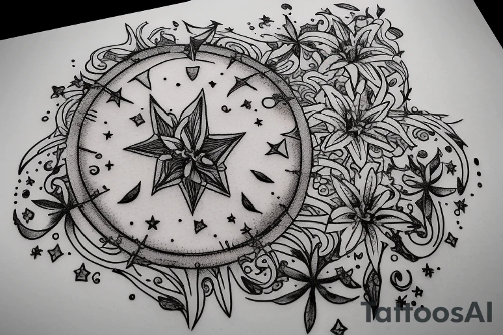 In typewriter font, quote "veni, vidi, vici" with star gazing lilies and  surrounding it tattoo idea