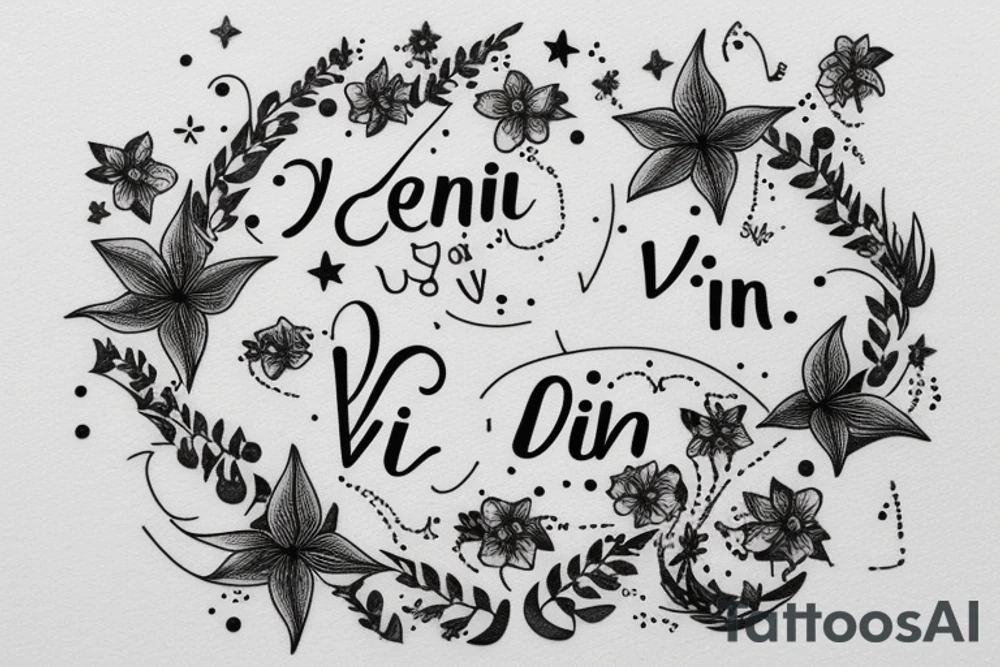 In typewriter font, quote "veni, vidi, vici" with star gazing lilies and  surrounding it tattoo idea