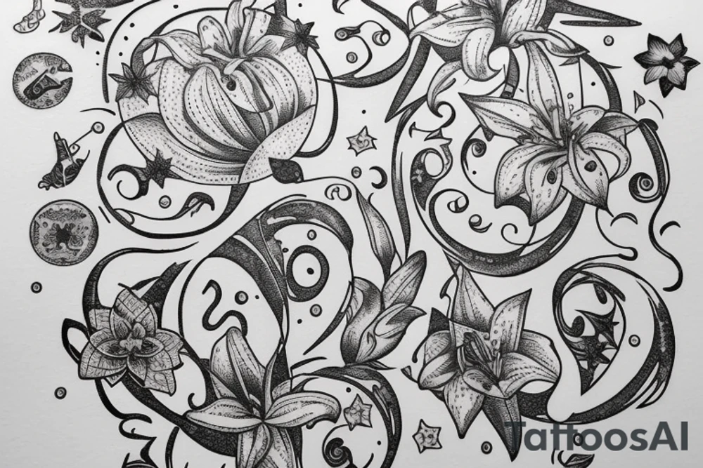 In typewriter font, quote "veni, vidi, vici" with star gazing lilies and  surrounding it tattoo idea