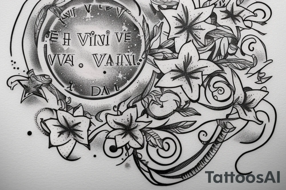 In typewriter font, quote "veni, vidi, vici" with star gazing lilies and  surrounding it tattoo idea