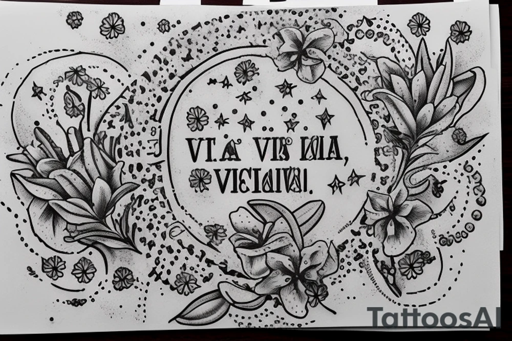 In typewriter font, quote "veni, vidi, vici" with star gazing lilies and  surrounding it tattoo idea