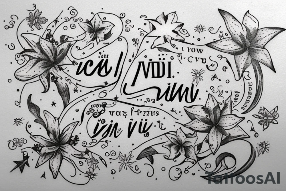 In typewriter font, quote "veni, vidi, vici" with star gazing lilies and  surrounding it tattoo idea
