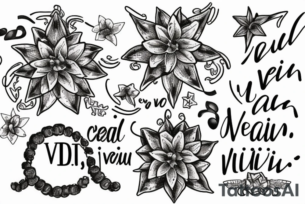 In typewriter font, quote "veni, vidi, vici" with star gazing lilies and  surrounding it tattoo idea