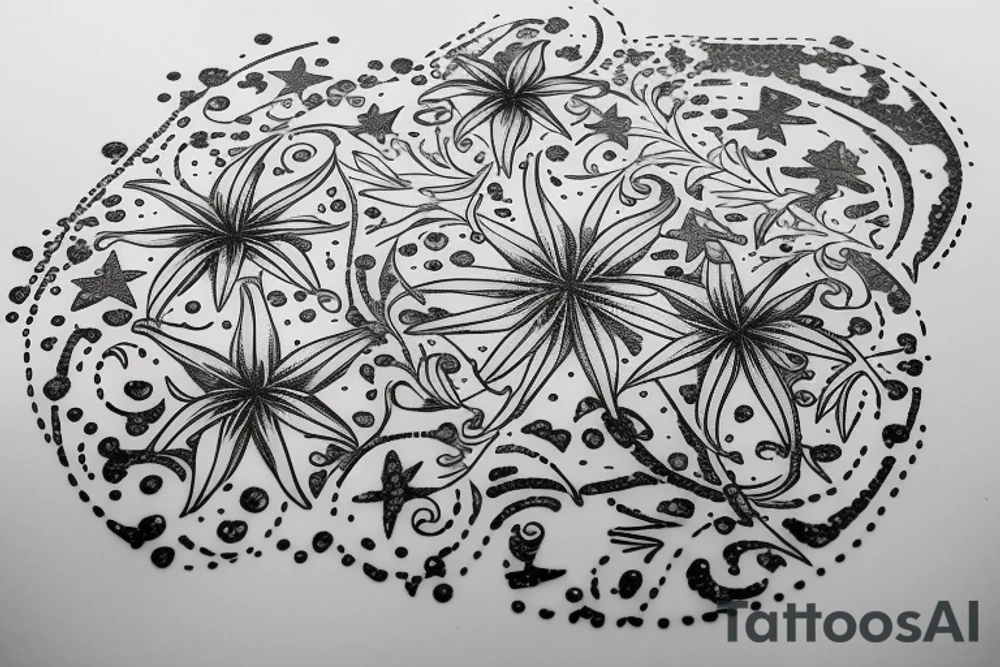 In typewriter font, quote "veni, vidi, vici" with star gazing lilies and  surrounding it tattoo idea