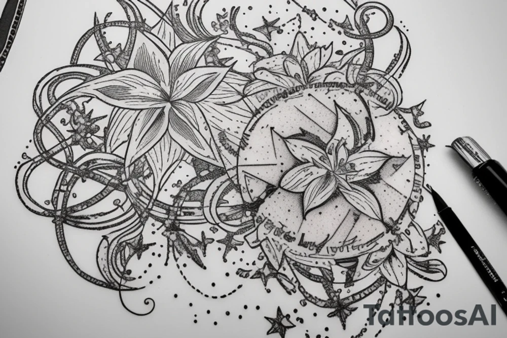 In typewriter font, quote "veni, vidi, vici" with star gazing lilies and  surrounding it tattoo idea